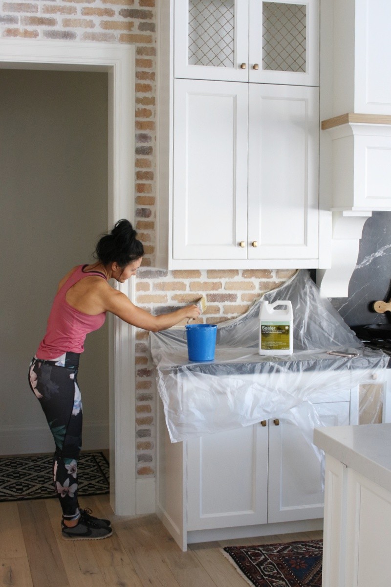 DIY Brick Backsplash with German Schmear